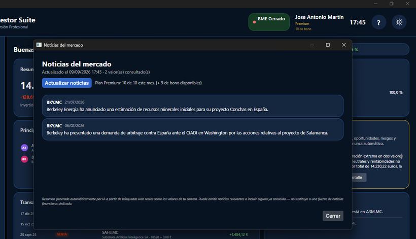 Noticias del mercado generadas con IA en J.A.M. Investor Suite